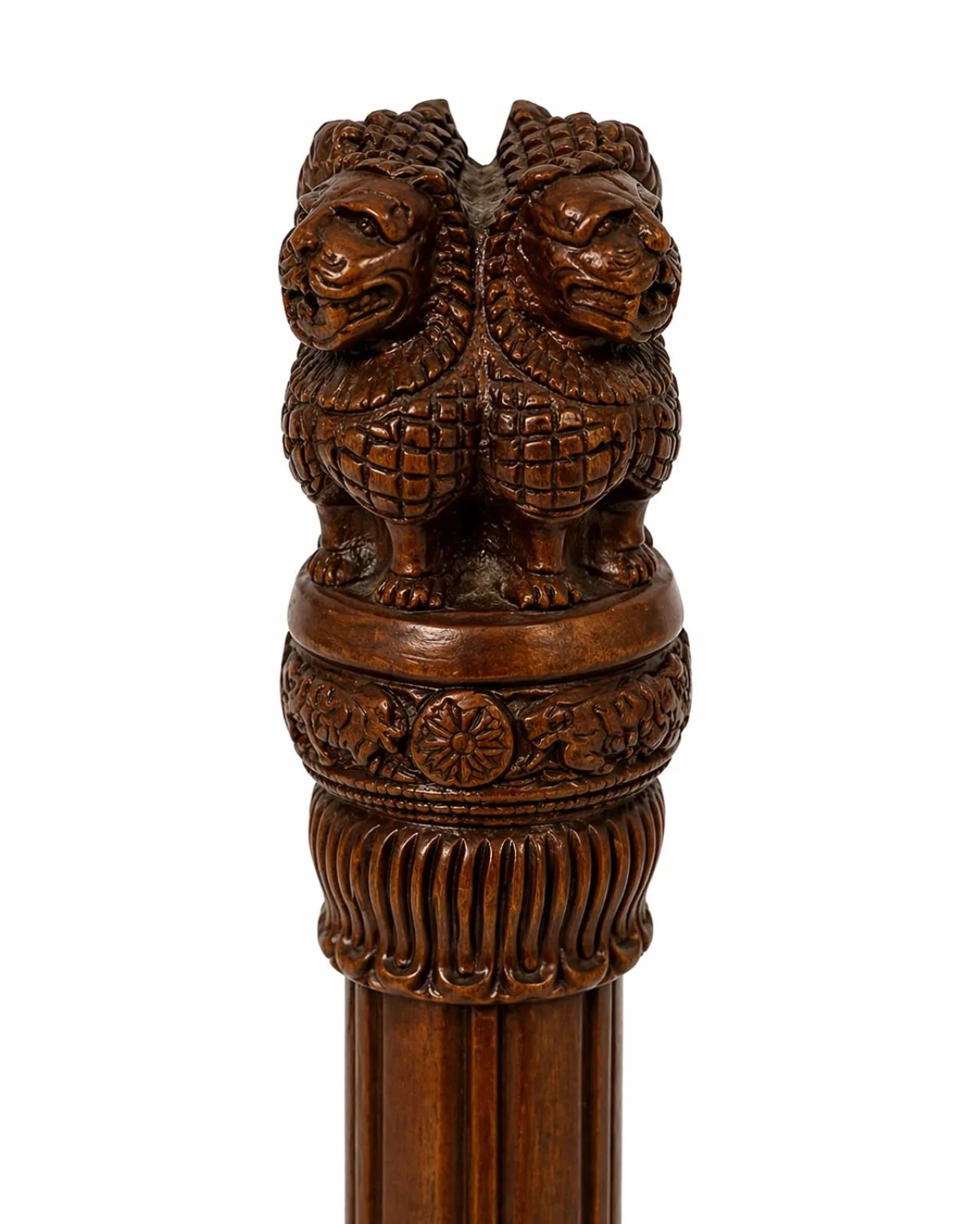 Ashoka Pillar Lion Capital Close-Up — Four Asiatic Lions Standing Back-to-Back on Abacus with Dharma Chakra and Lotus Bell Base, Sarnath Sculpture Detail (VastuGuruji)