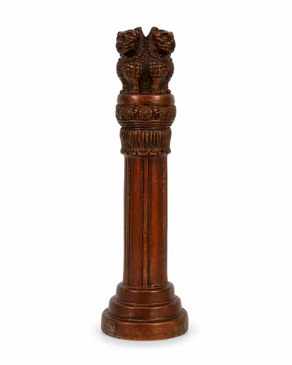 ASHOKA PILLAR 9.5″ Copper-Coated Brass — National Emblem of India (Lion Capital of Sarnath / सत्यमेव जयते) Premium Antique-Finish Replica