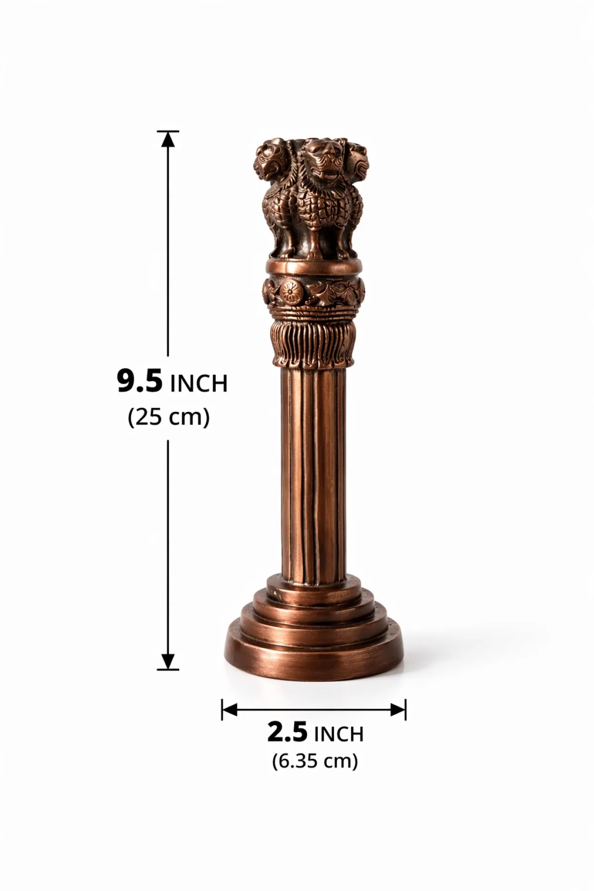 Ashoka Pillar 9.5 inch — Full Pillar Angle View Showing Fluted Column, Lotus Capital and Lion Sculpture in Antique Copper-Coated Brass (VastuGuruji)