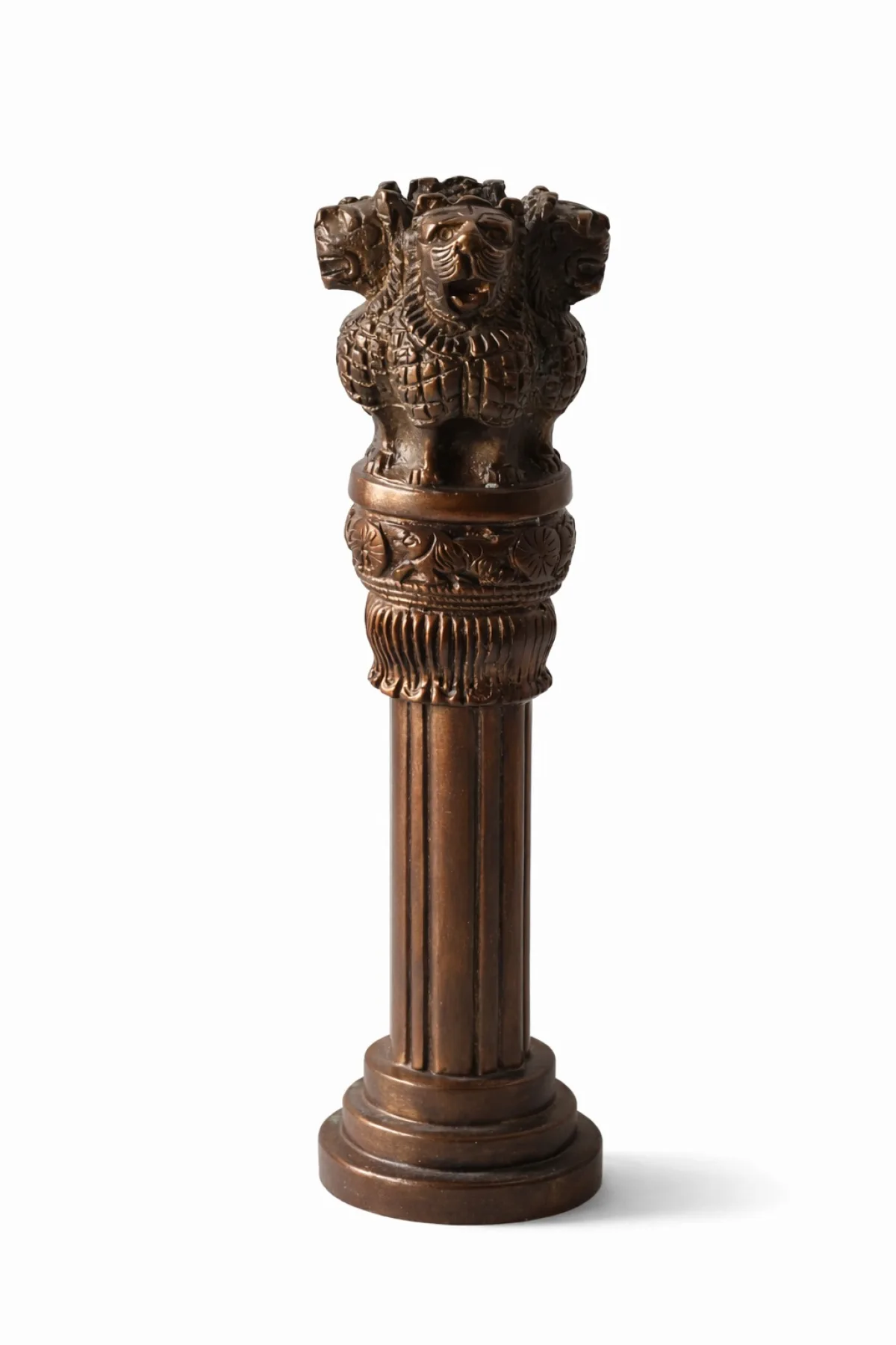Ashoka Pillar 9.5 inch Copper-Coated Brass — Lion Capital of Sarnath, National Emblem of India Replica, Full Front View (VastuGuruji)
