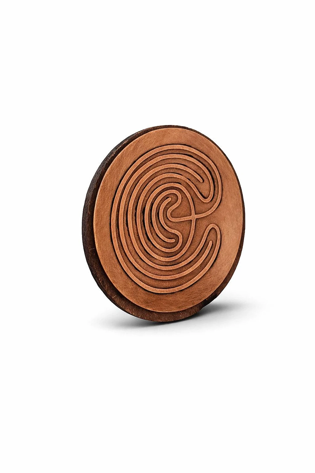 Copper Labyrinth Energy Disc Side Profile — Wood Backing with Engraved Copper Top, Meditation and Mindfulness Tool (VastuGuruji)