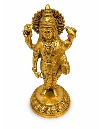 Dhanvantari brass murti front three-quarter view on lotus pedestal - Vastuguruji
