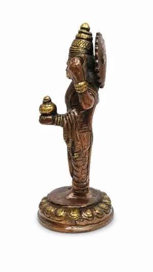 Dhanvantari Idol Back Angle — Detailed Lotus Base Carving, Aureole (Prabhamandala) and Robe Folds in Premium Hand-Cast Brass with Copper Finish (VastuGuruji)