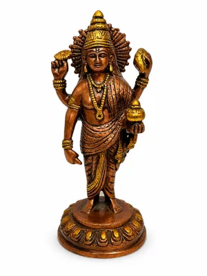 Dhanvantari Idol Full Front View — Standing on Lotus Pedestal with Crown, Halo, Amrita Kalash (Pot of Nectar), Garland and Antique Copper-Brass Two-Tone Finish (VastuGuruji)