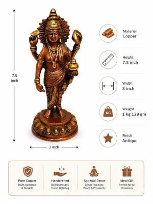 Dhanvantari Idol Specifications — 7.5 Inch Height (19 cm), 3 Inch Width (7.6 cm), 1 kg 129 gm Weight, Antique Copper Finish, Handcrafted Spiritual Decor (VastuGuruji)