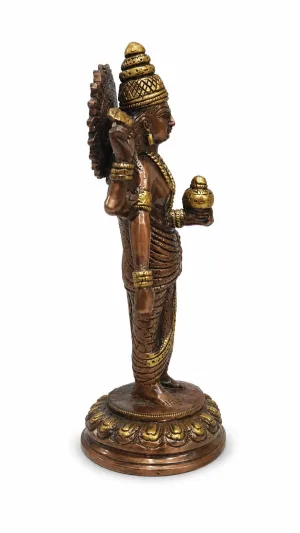 Dhanvantari Idol Side Profile — Showing Crown, Halo, Bracelets, Necklace Detail and Robe Drape, Antique Copper Patina with Golden Highlights (VastuGuruji)