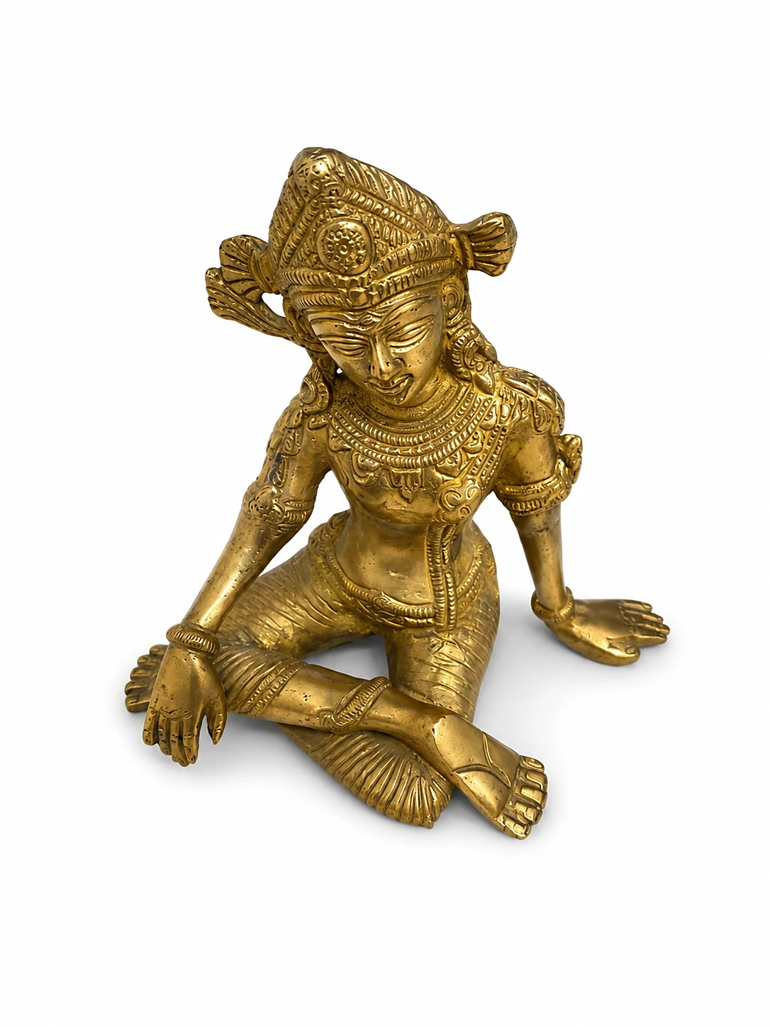 Indra Dev 5.5 inch Brass Vastu Idol — Three-Quarter Angle Showing Crown and Jewelry Craftsmanship (VastuGuruji)