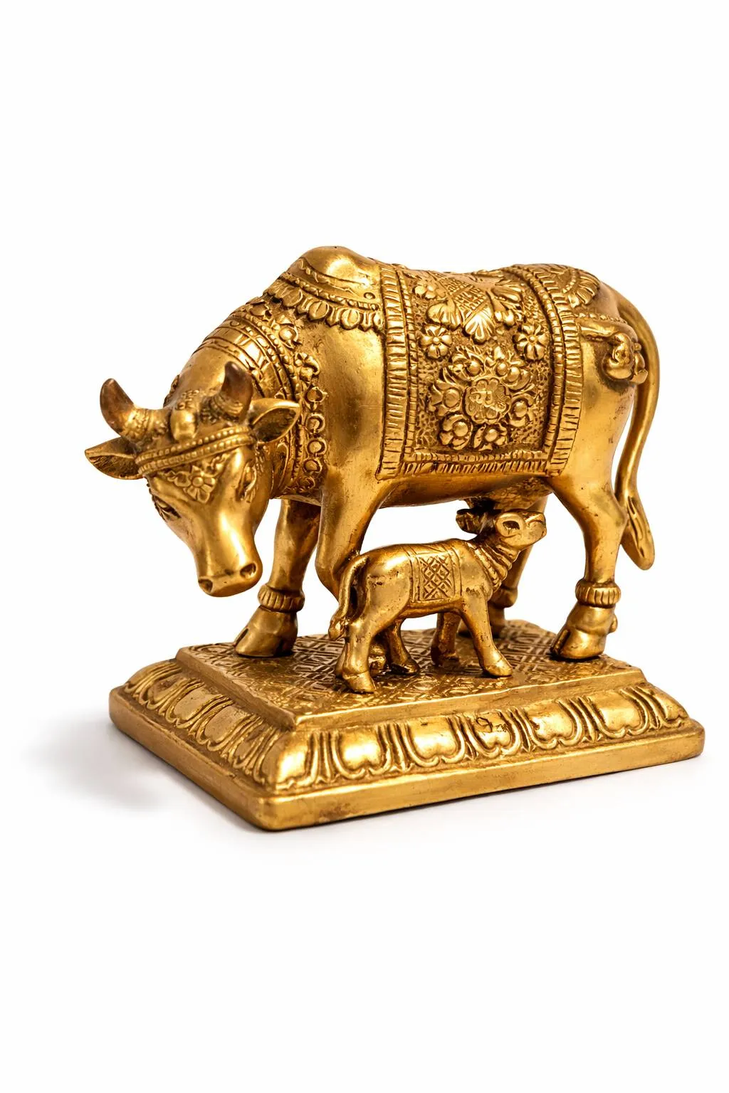 Kamdhenu Cow and Calf Brass Statue — side angle view with intricate floral carving (Vastuguruji)