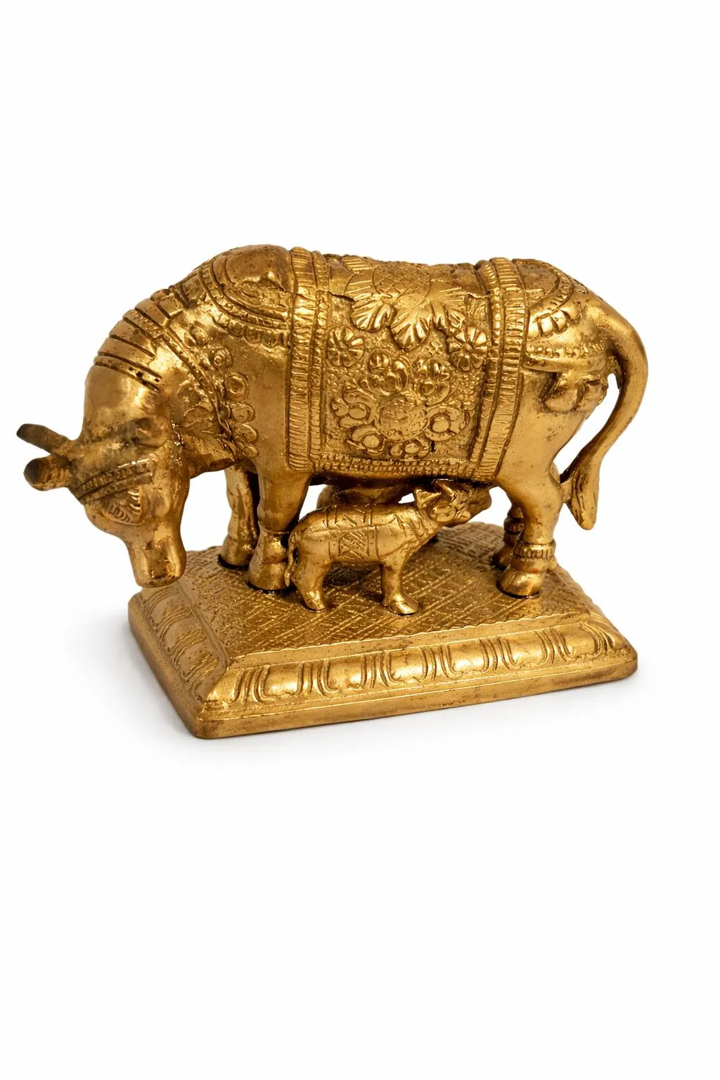 Kamdhenu Cow Brass Vastu Idol — front angle with calf feeding pose (Vastuguruji)