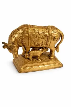 Kamdhenu Cow Brass Vastu Idol — front angle with calf feeding pose (Vastuguruji)