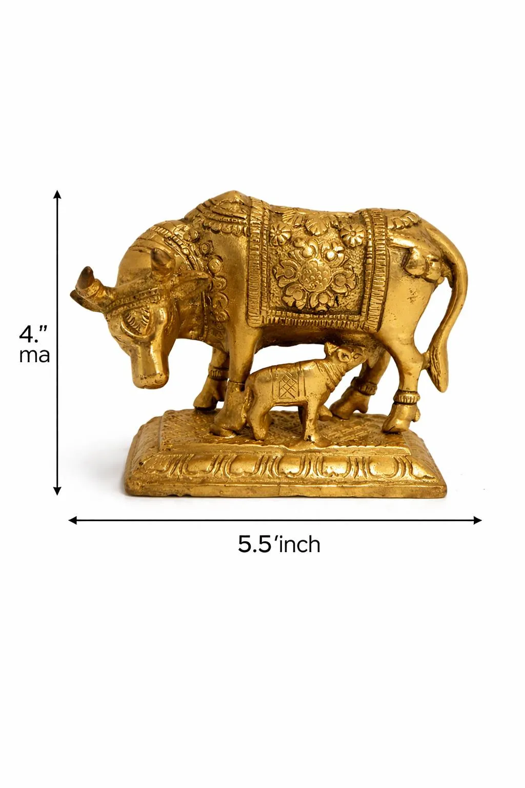 Kamdhenu Cow and Calf Brass Idol — rear view showing tail and decorated saddle (Vastuguruji)