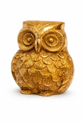 Brass Owl Idol Three-Quarter View Showing Wing and Tail Feather Detail, Vastu Ullu (VastuGuruji)