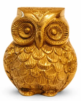 Brass Owl Idol Close Detail — Engraved Feathers and Antique Patina Finish, Lakshmi Pooja Item (VastuGuruji)