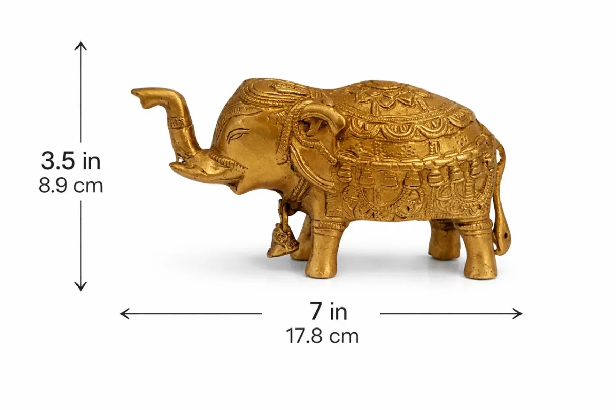 Royal Brass Elephant Size Specifications — 3.5 inch Height (8.9 cm), 7 inch Length (17.8 cm), Compact Trunk-Up Vastu Idol (VastuGuruji)