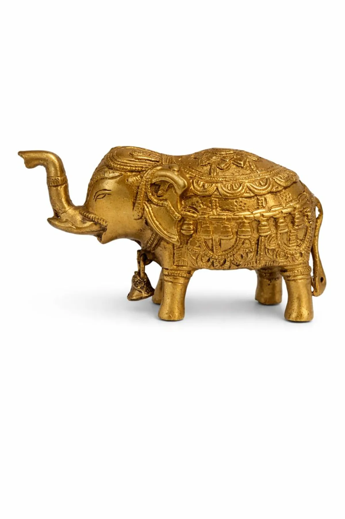 Royal Brass Elephant Side Profile — 7-Inch Length Compact Tabletop Vastu Idol with Hand-Engraved Decorations (VastuGuruji)