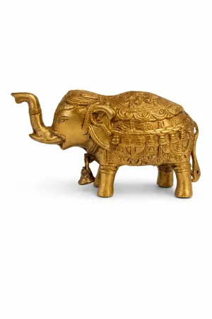 Royal Brass Elephant Side Profile — 7-Inch Length Compact Tabletop Vastu Idol with Hand-Engraved Decorations (VastuGuruji)