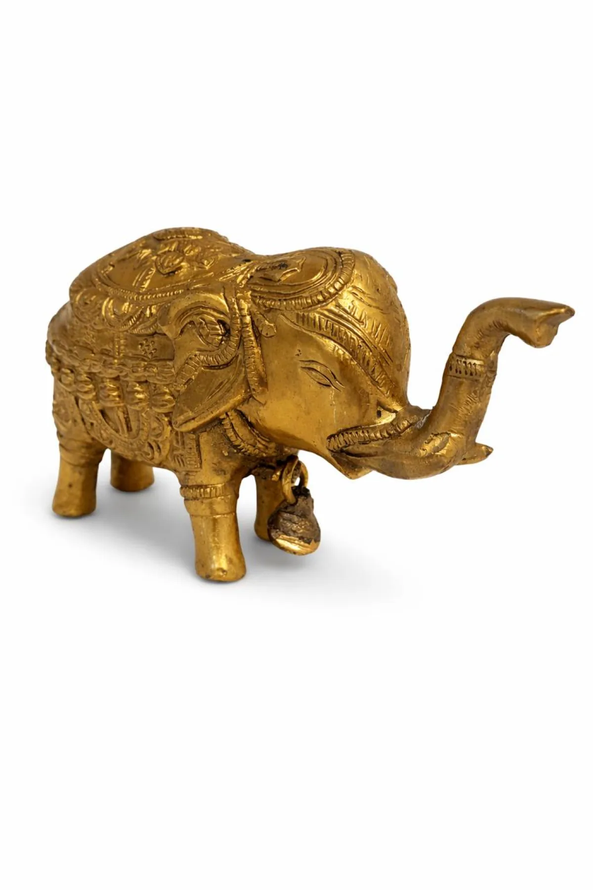 Royal Brass Elephant — Detailed Front Angle Showing Trunk-Up Pose, Engraved Saddle Cloth and Decorative Bells, Aishvarya Hasti (VastuGuruji)