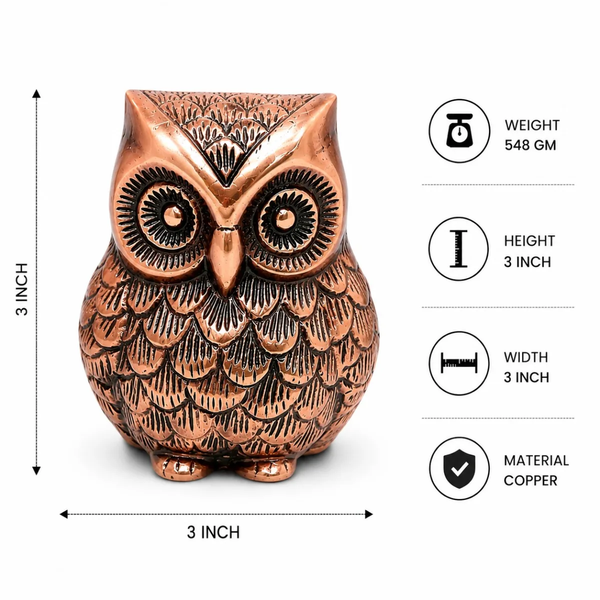 Copper-Coated Brass Owl Idol Size Chart — 3 Inch Height, 3 Inch Width, 548 GM Solid Brass with Copper Coating, Compact Vastu Idol for Cash Counter, Office Desk and Pooja Sthal (VastuGuruji)