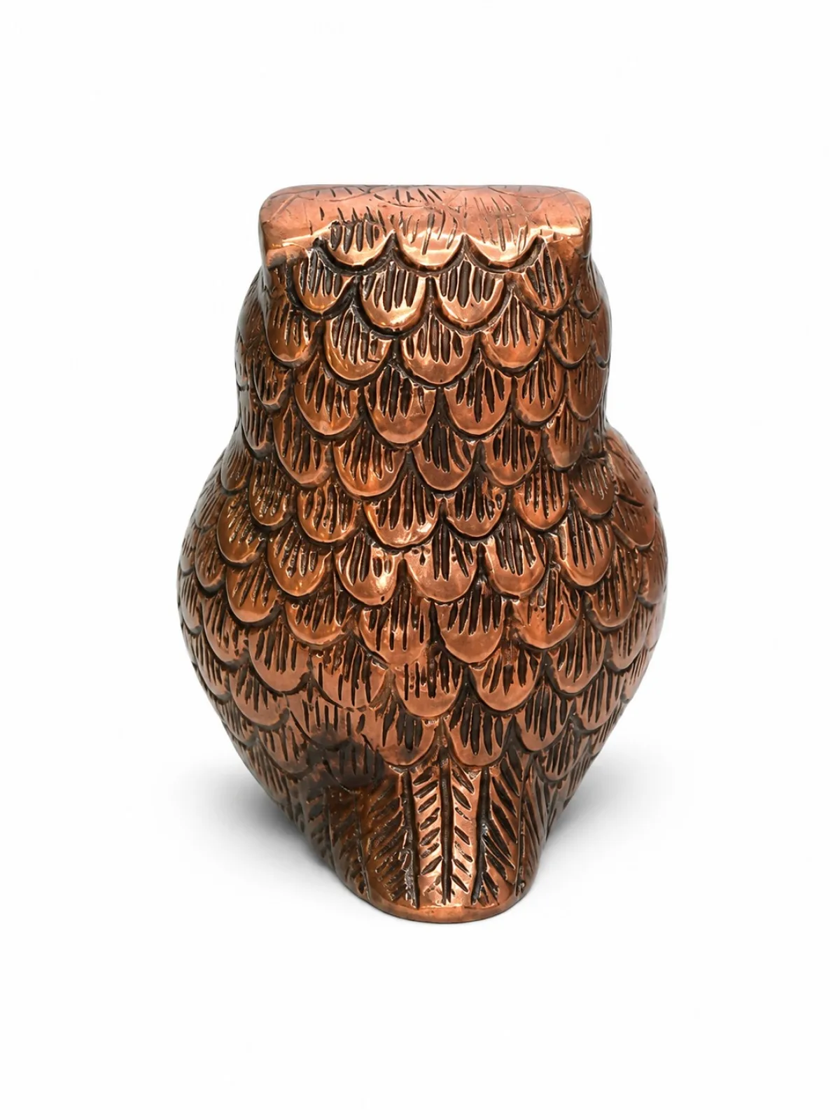 Copper-Coated Brass Owl Idol Back View — Hand-Engraved Feather Pattern and Tail Detail Showing Artisanal Craftsmanship on Brass with Copper Plating (VastuGuruji)