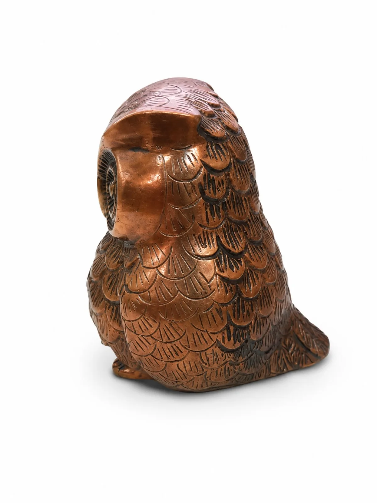 Copper-Coated Brass Vastu Owl Idol Left Side Three-Quarter View — Polished Copper-Plated Highlights with Antique Patina, Lakshmi Vahan for Home & Office Vastu (VastuGuruji)