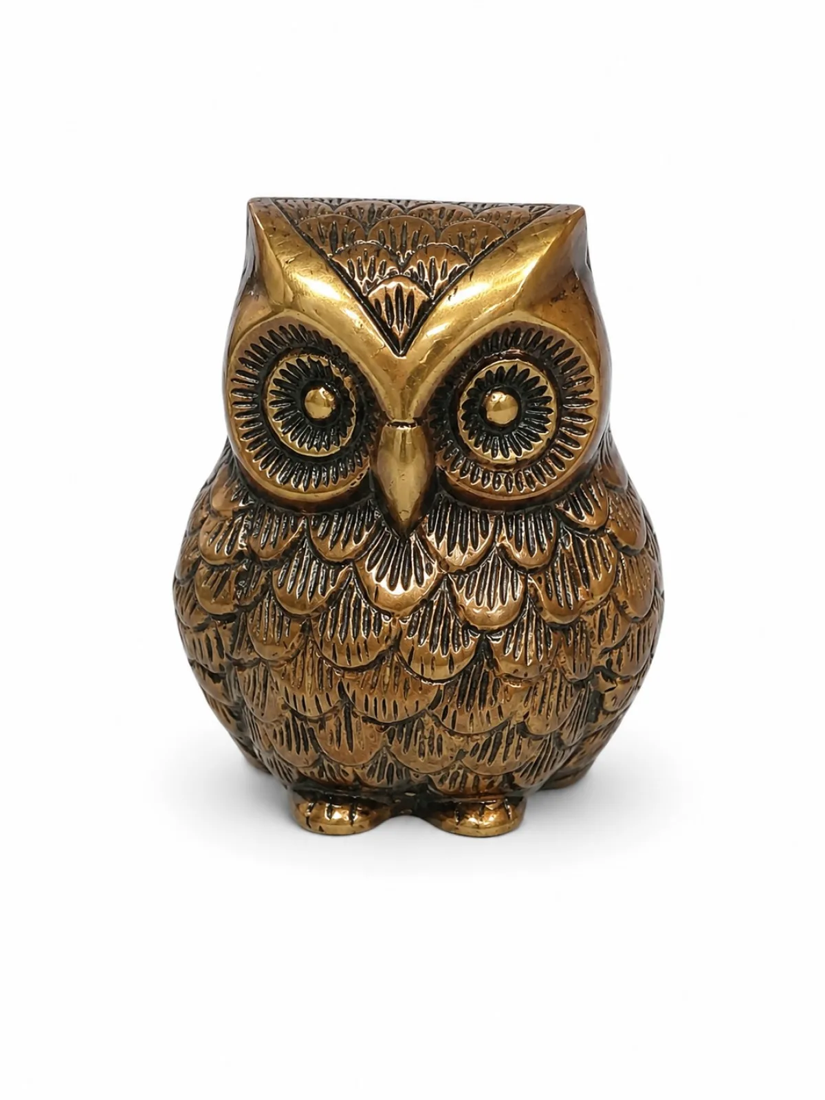 Copper-Coated Brass Owl Idol (Vastu Ullu / तांबा-लेपित पीतल का उल्लू) — Front View with Antique Hand-Engraved Finish, Maa Lakshmi Vahan, Vastu Symbol for Wealth, Prosperity & Wisdom (VastuGuruji)
