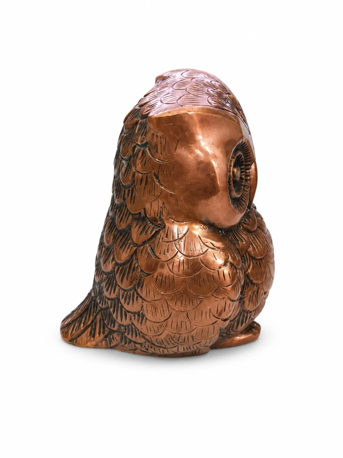 Copper-Coated Brass Owl Idol Right Side Profile — Detailed Eye Carving, Antique Copper-Plated Finish over Brass Core, Premium Quality Vastu Decor for Wealth and Wisdom (VastuGuruji)