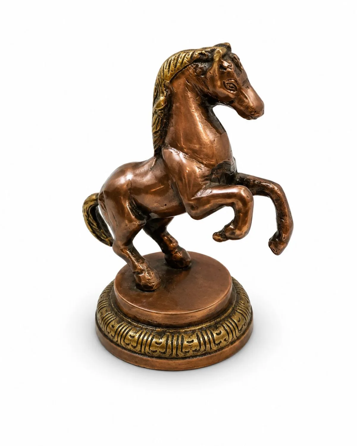 Brass Rearing Horse Idol (अश्व मूर्ति) — Front-Right View, Antique Copper Patina with Brass-Gold Mane, Vastu Symbol for Speed, Breakthrough & Victory (VastuGuruji)