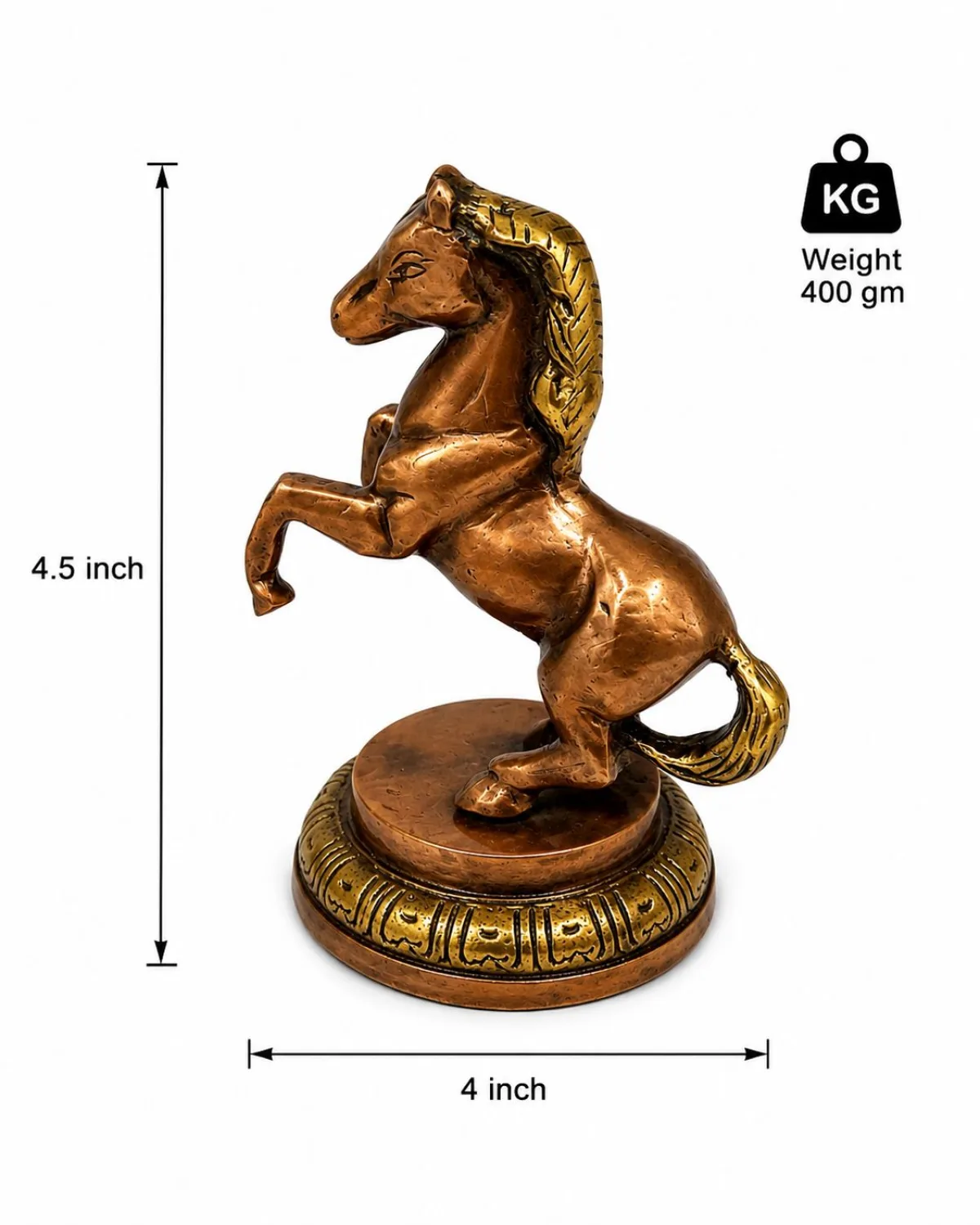 Brass Rearing Horse Size Specifications — 4.5 inch Height, 4 inch Round Base, 400 gm Solid Cast Antique Vastu Idol (VastuGuruji)