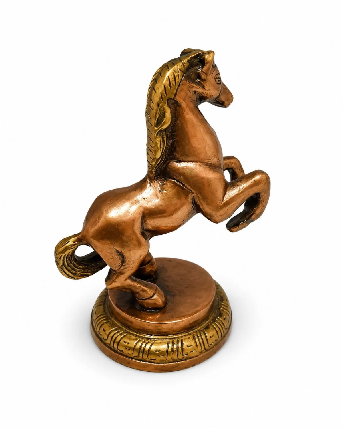 Brass Rearing Horse — Three-Quarter Front Angle Showing Powerful Reared Pose, Ashwa Shakti Vastu Sculpture on Engraved Pedestal (VastuGuruji)