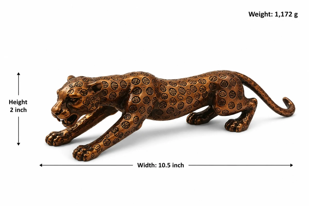 Vastu Tendua (Leopard) Statue — Size Chart Showing 10.5 inch Width × 2 inch Height × 1172 g Weight, Antique Copper Finish (VastuGuruji)
