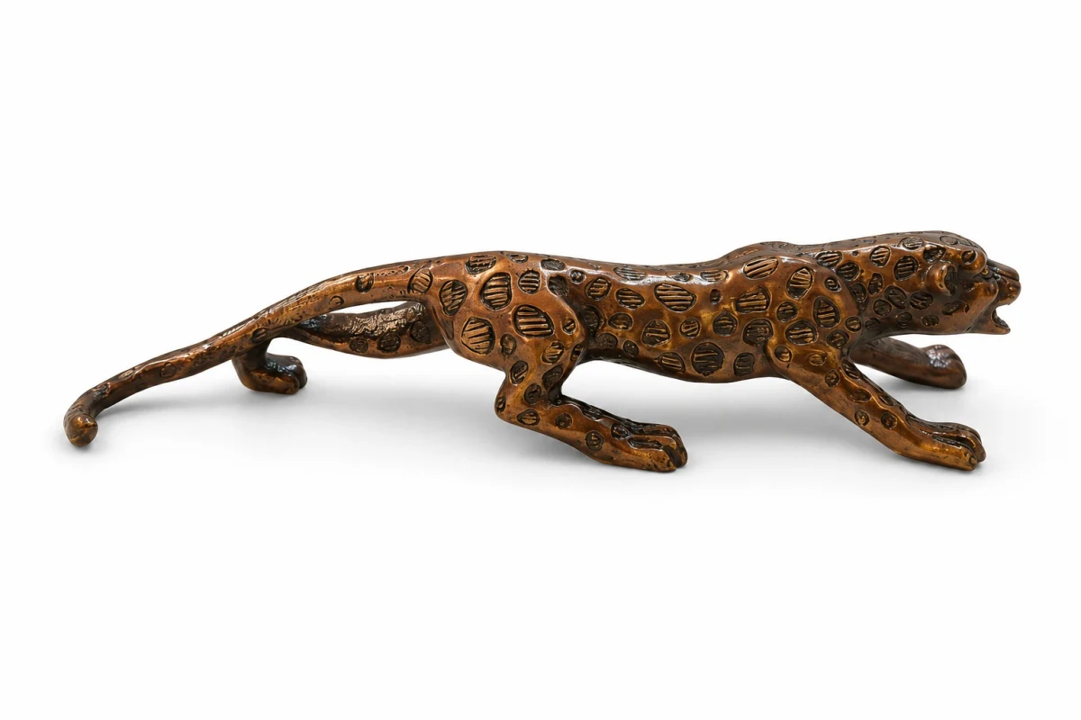 Antique Copper Tendua (Leopard) — Right Side Profile Showing Open Mouth Roar, Engraved Coins on Body, Feng Shui Wealth & Power Symbol (VastuGuruji)