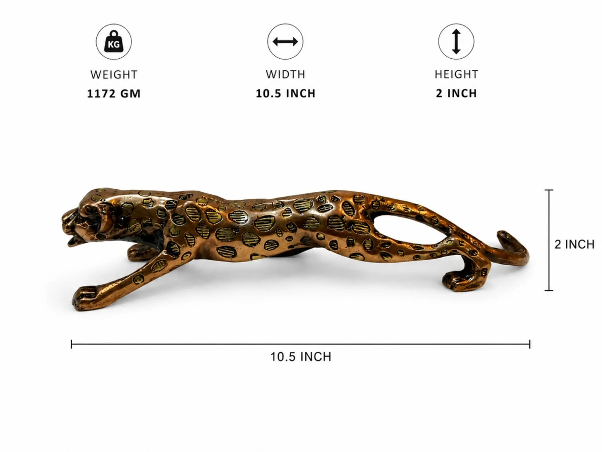 Vastu Tendua (Leopard) Statue Specifications — Polished Copper Finish, Weight 1172 g, Width 10.5 inch, Height 2 inch (VastuGuruji)