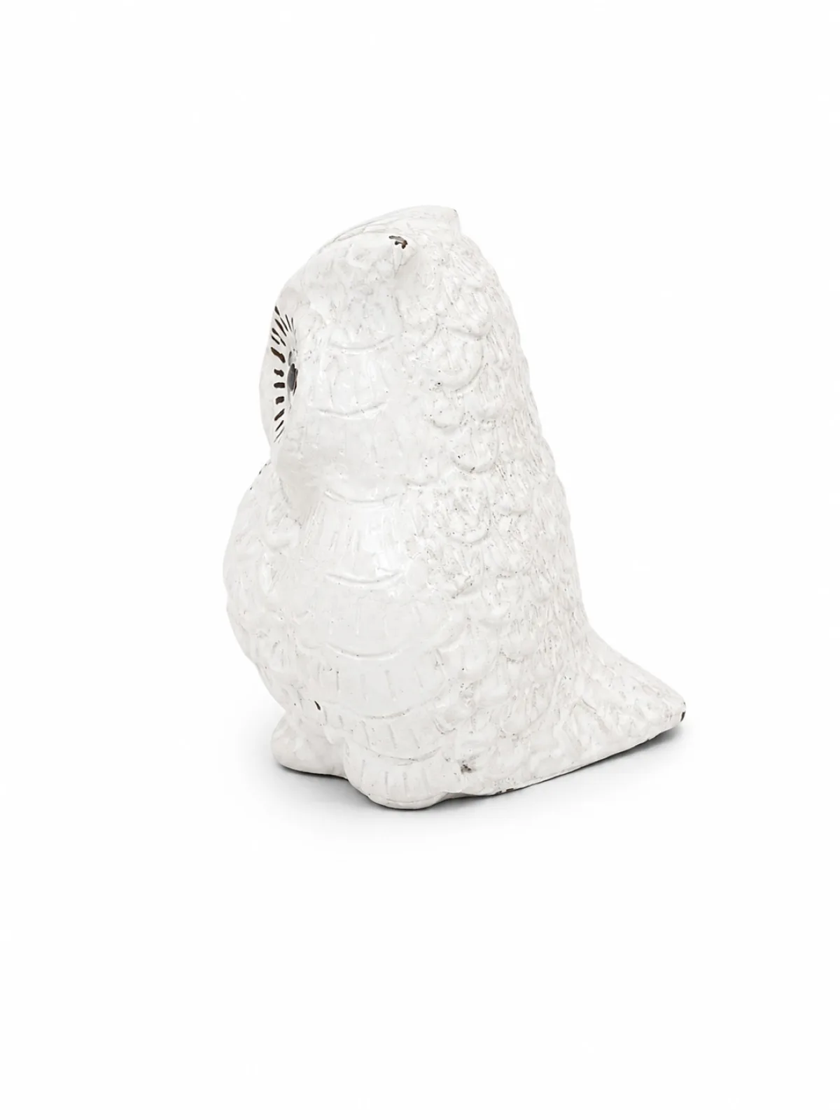 White Deco Owl Idol Back View — Detailed Feather Carving Visible Under Antique White Glaze Coating on Brass (VastuGuruji)