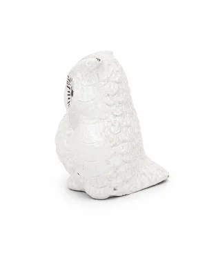 White Deco Owl Idol Back View — Detailed Feather Carving Visible Under Antique White Glaze Coating on Brass (VastuGuruji)