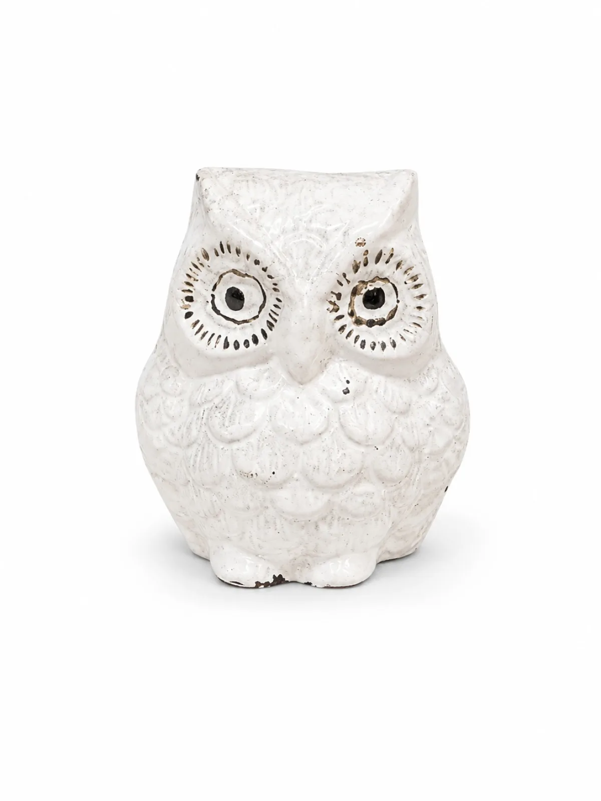 White Deco Brass Owl Idol (सफेद उल्लू) — Clean Front View, Antique White Glazed Finish, Maa Lakshmi Vahan for Modern Vastu Decor (VastuGuruji)