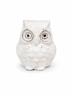 White Deco Brass Owl Idol (सफेद उल्लू) — Clean Front View, Antique White Glazed Finish, Maa Lakshmi Vahan for Modern Vastu Decor (VastuGuruji)
