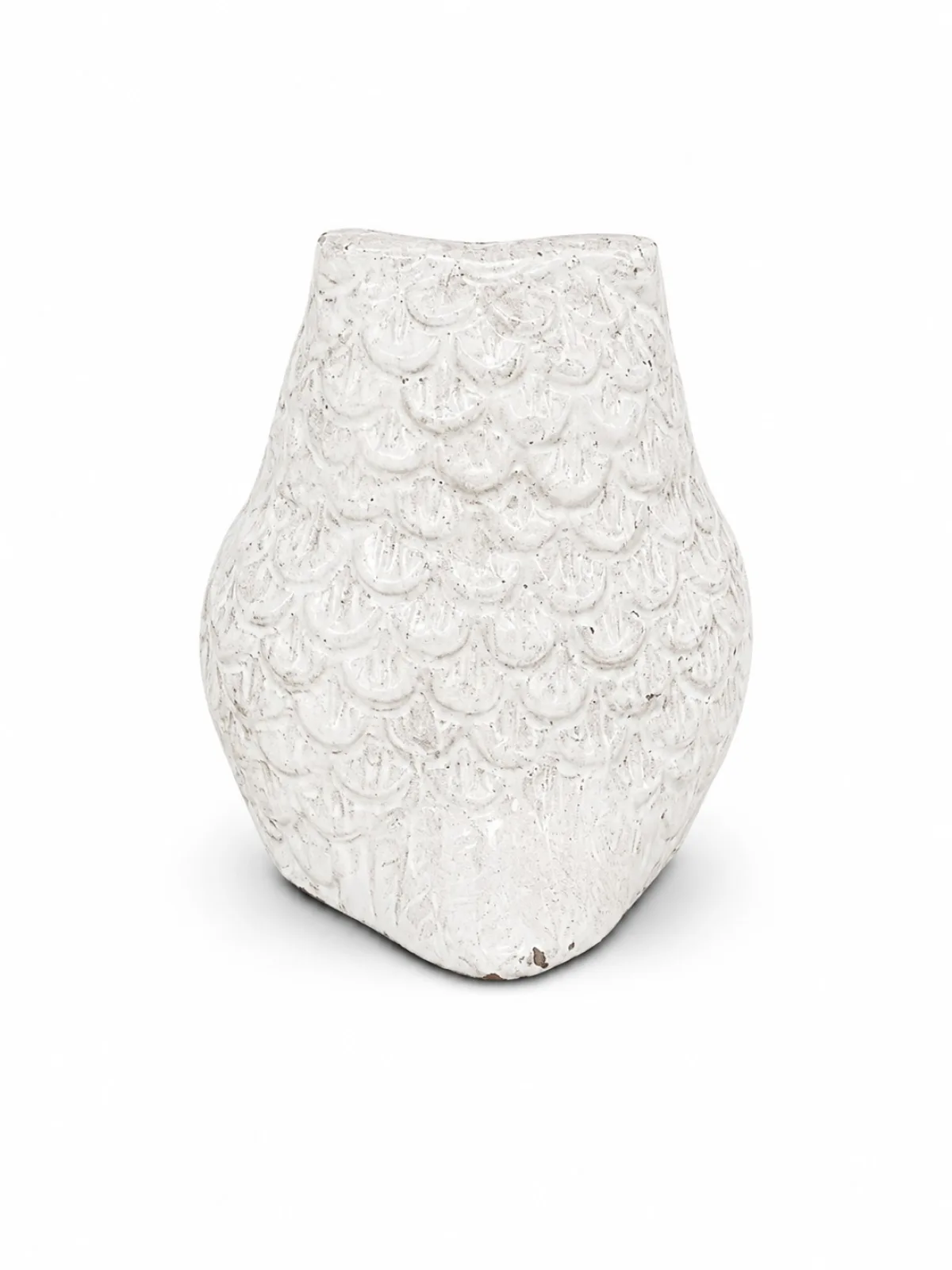 White Vastu Owl Idol Side View — Three-Quarter Angle Showing Hand-Engraved Feather Detail with Distressed White Finish (VastuGuruji)