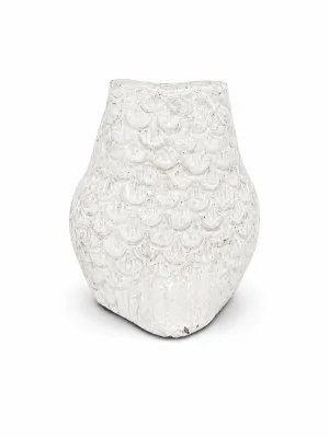White Vastu Owl Idol Side View — Three-Quarter Angle Showing Hand-Engraved Feather Detail with Distressed White Finish (VastuGuruji)