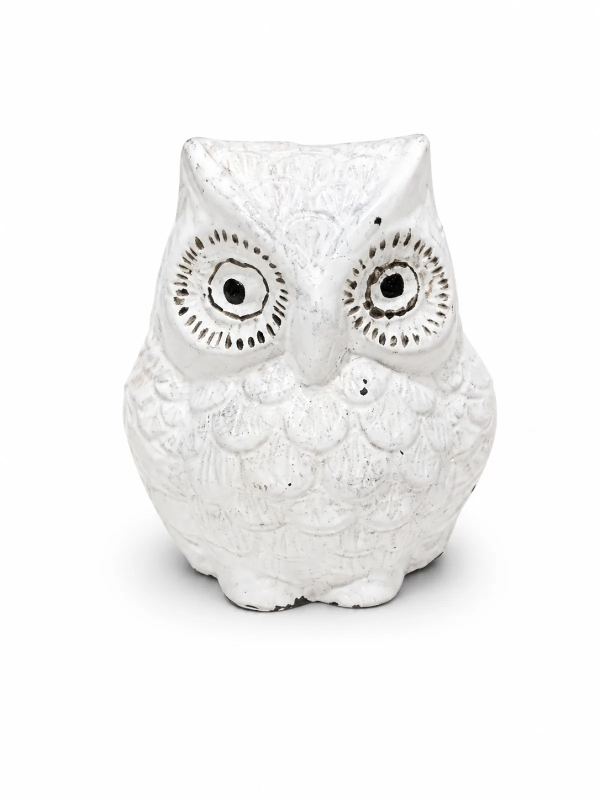 White Deco Brass Owl — Three-Quarter Back Angle, Antique Vintage White Patina Over Brass Idol (VastuGuruji)