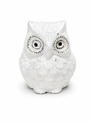 White Deco Brass Owl — Three-Quarter Back Angle, Antique Vintage White Patina Over Brass Idol (VastuGuruji)