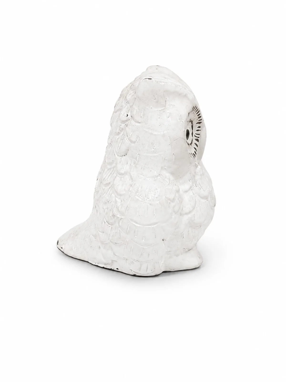 White Deco Owl Idol Close-Up — Detailed Eye Carving and Feather Pattern Under Vintage White Coating Over Brass Core (VastuGuruji)
