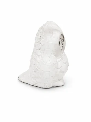 White Deco Owl Idol Close-Up — Detailed Eye Carving and Feather Pattern Under Vintage White Coating Over Brass Core (VastuGuruji)