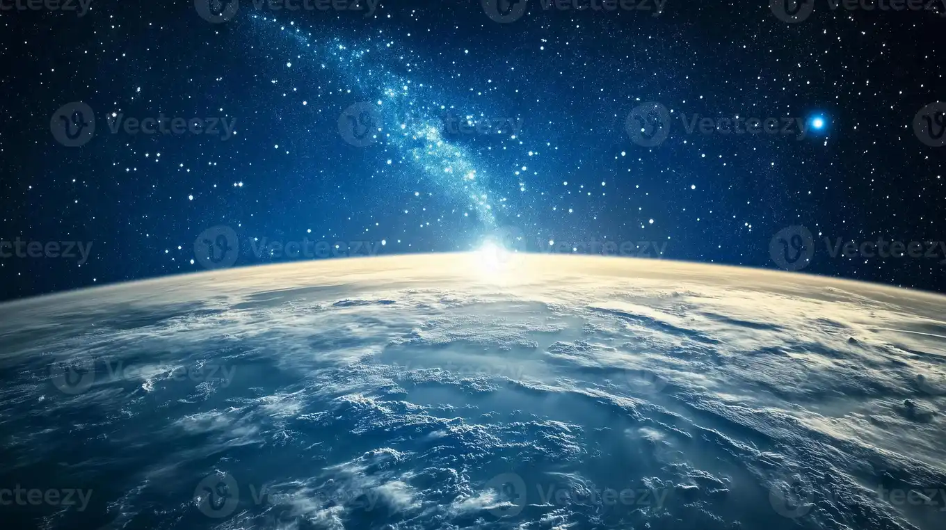 a beautiful view of the earth from space with a bright blue sky and a large glowing star in the background concept of wonder and awe at the vastness of the universe photo